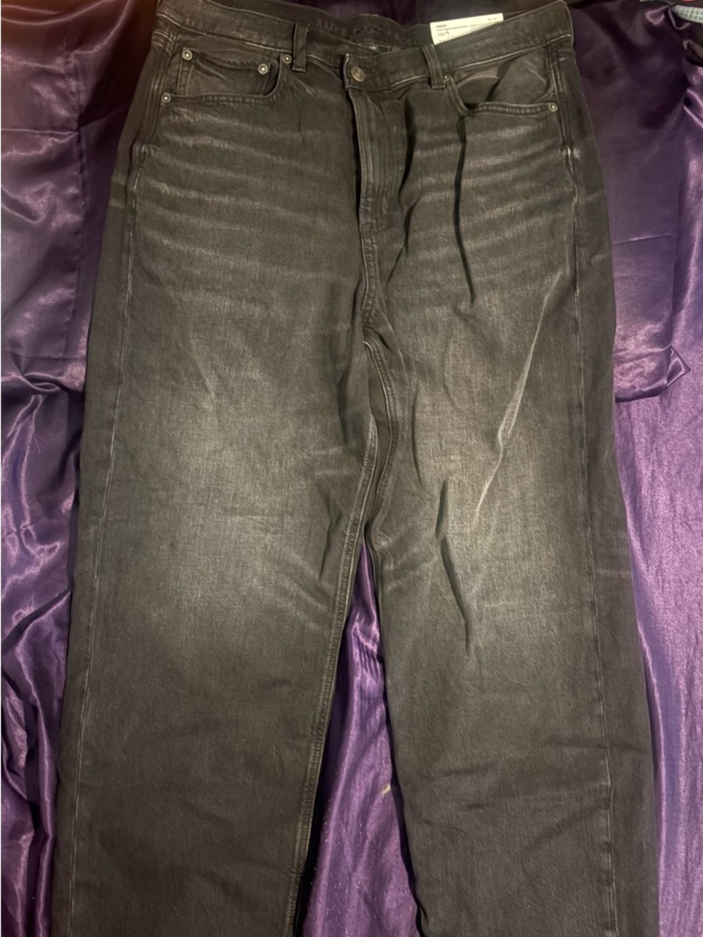 American Eagle Women's Baggy Straight High Rise Black Jeans Asymmetrical Zipper